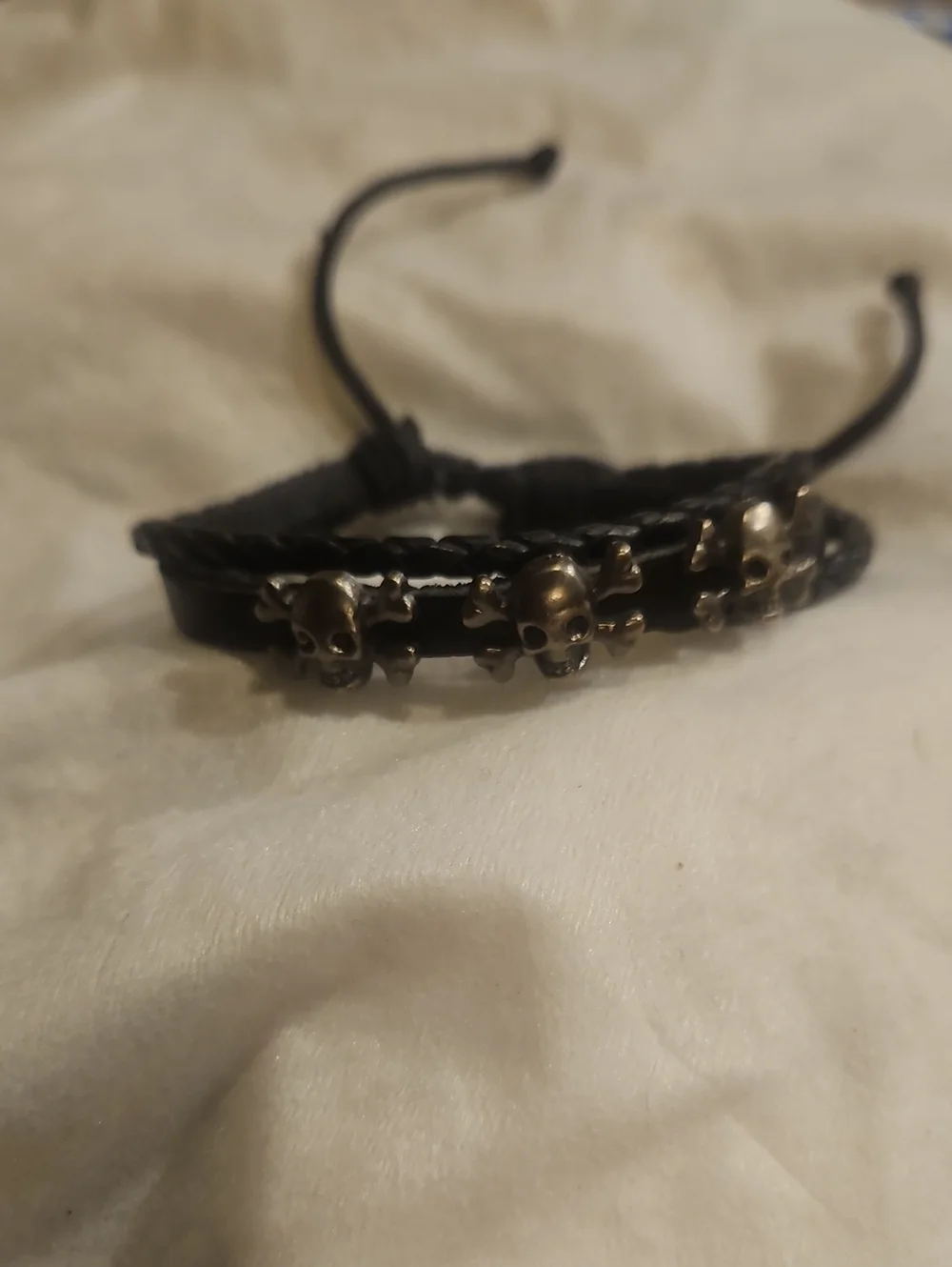 Black Braided Leather Bracelet with Silver Skull Accents